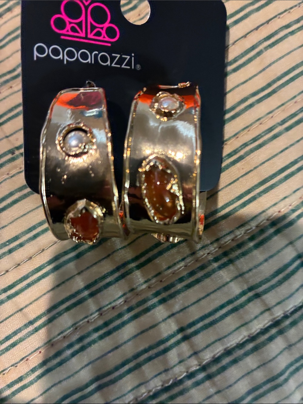Paparazzi Gold Hoop Earrings with Amber and Pearl Accents